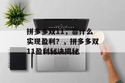 拼多多双11，靠什么实现盈利？，拼多多双11盈利秘诀揭秘