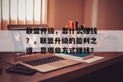 联盟升级，靠什么赚钱？，联盟升级的盈利之道，靠哪些方式赚钱？