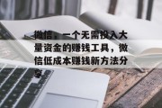 微信，一个无需投入大量资金的赚钱工具，微信低成本赚钱新方法分享