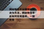 揭秘微信平台赚钱的秘诀与方法，揭秘微信平台如何实现盈利，一探究竟