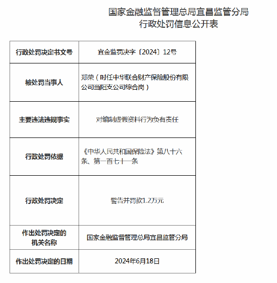 中华联合财险宜昌中心支公司被罚12万元：因编制虚假资料